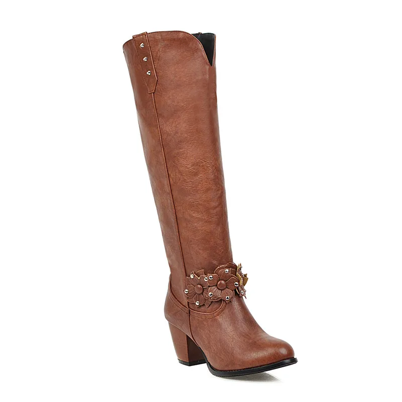 MORAZORA/; ; большие размеры 48; женские сапоги до колена; осенне-зимние сапоги с цветочным принтом и заклепками; винтажная женская обувь на высоком каблуке - Цвет: brown