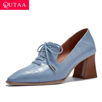 

QUTAA 2020 Quality Cow Patent Leather Lace Up Ladies Pumps Pointed Toe Fashion Square Heel Slip on Women Single Shoes Size 34-42