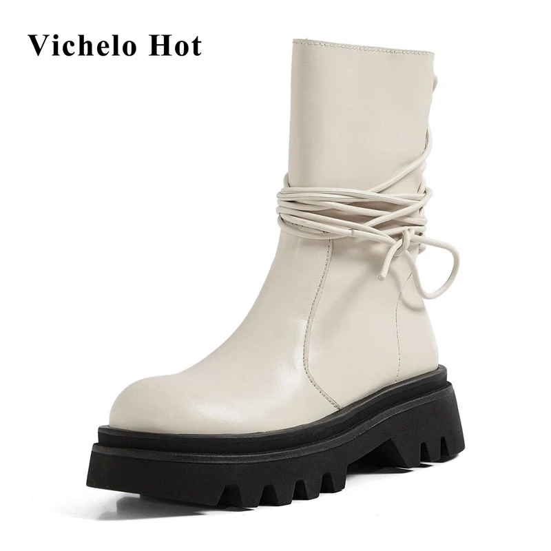 

Ботинки Vichelo женские из натуральной кожи, Классические сапоги до середины икры, на молнии, с круглым носком, на высоком каблуке, большой размер, L25