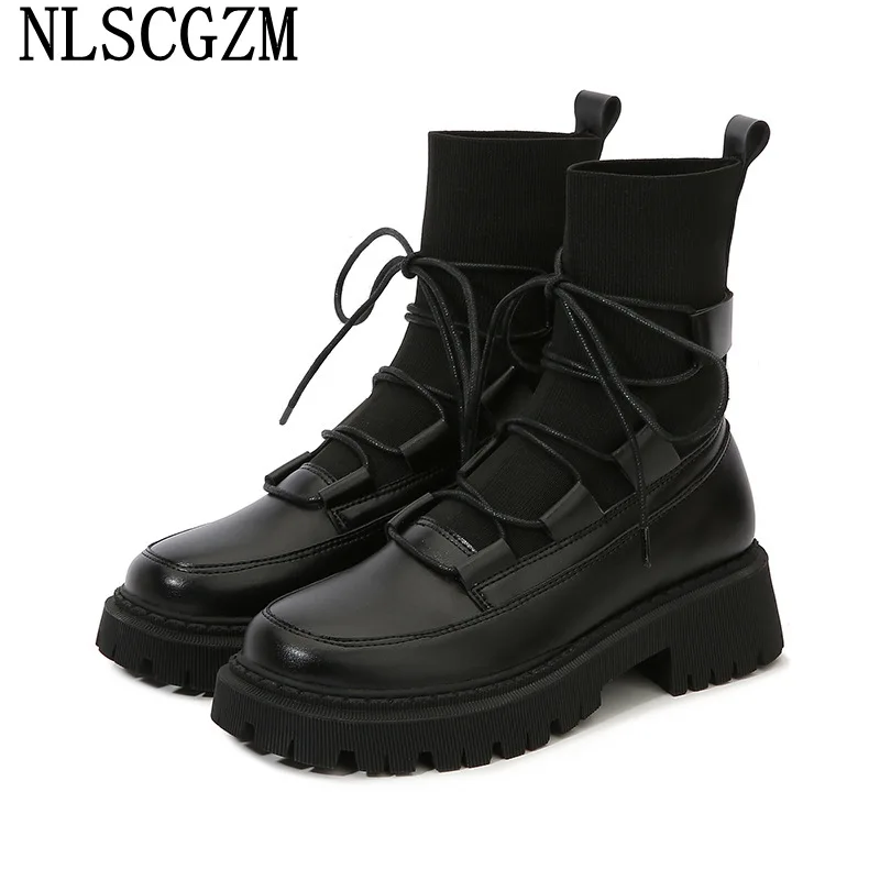 

Platform Ankle Boots Women Ladies Shoes Women Black Sock Boots for Women Fashion Leather Boots Woman Chunky Shoes for Woman 2024