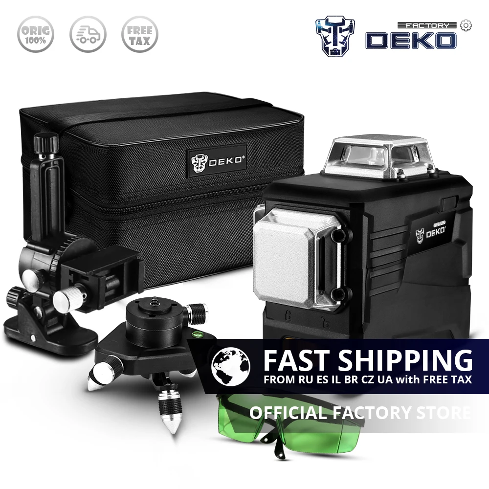 

Factory Outlet DEKO DC0519L2 Laser Level 12 Lines 3D Green Horizontal And Vertical Cross Lines With Auto Self-Leveling