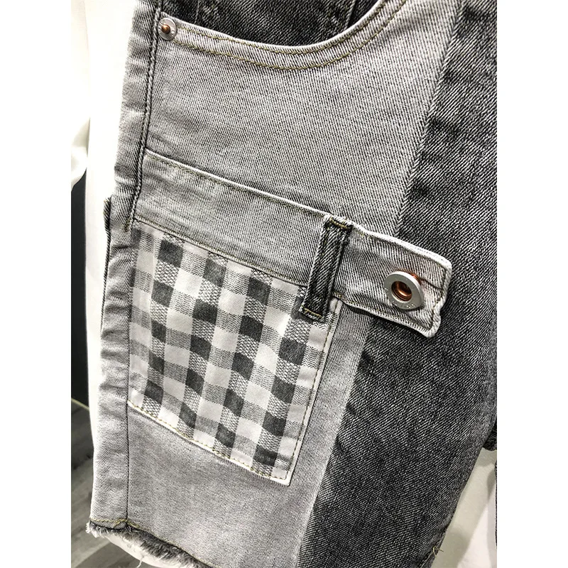 Summer Gray Denim Shorts Knee Length Patchwork Lattice Pocket Design Stitching Hip-hop Street Self-cultivation Jeans Shorts