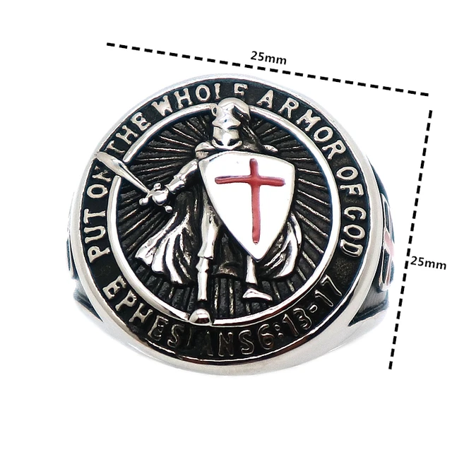 Anillo Cruz Escudo Caballeros Templarios Para Hombre De Acero Inoxidable Con Negro Cz