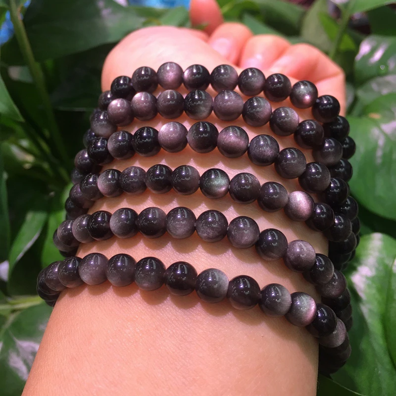 

Natural crystal Silver obsidian bracelet 6mm amulet round bead elastic bracelet Wealth Good Luck Bracelet Men Women Chain