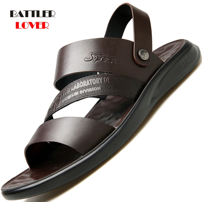 Summer Men Sandals High Quality Genuine Leather Shoes Male Comfortable Slip-on Slippers Beach Brown Men Sandal zapatillas hombre