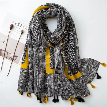 

Original winter scarf women autumn spring vintage long yellow striped grey hijab scarf Pashminas Sjaal Muslim snood
