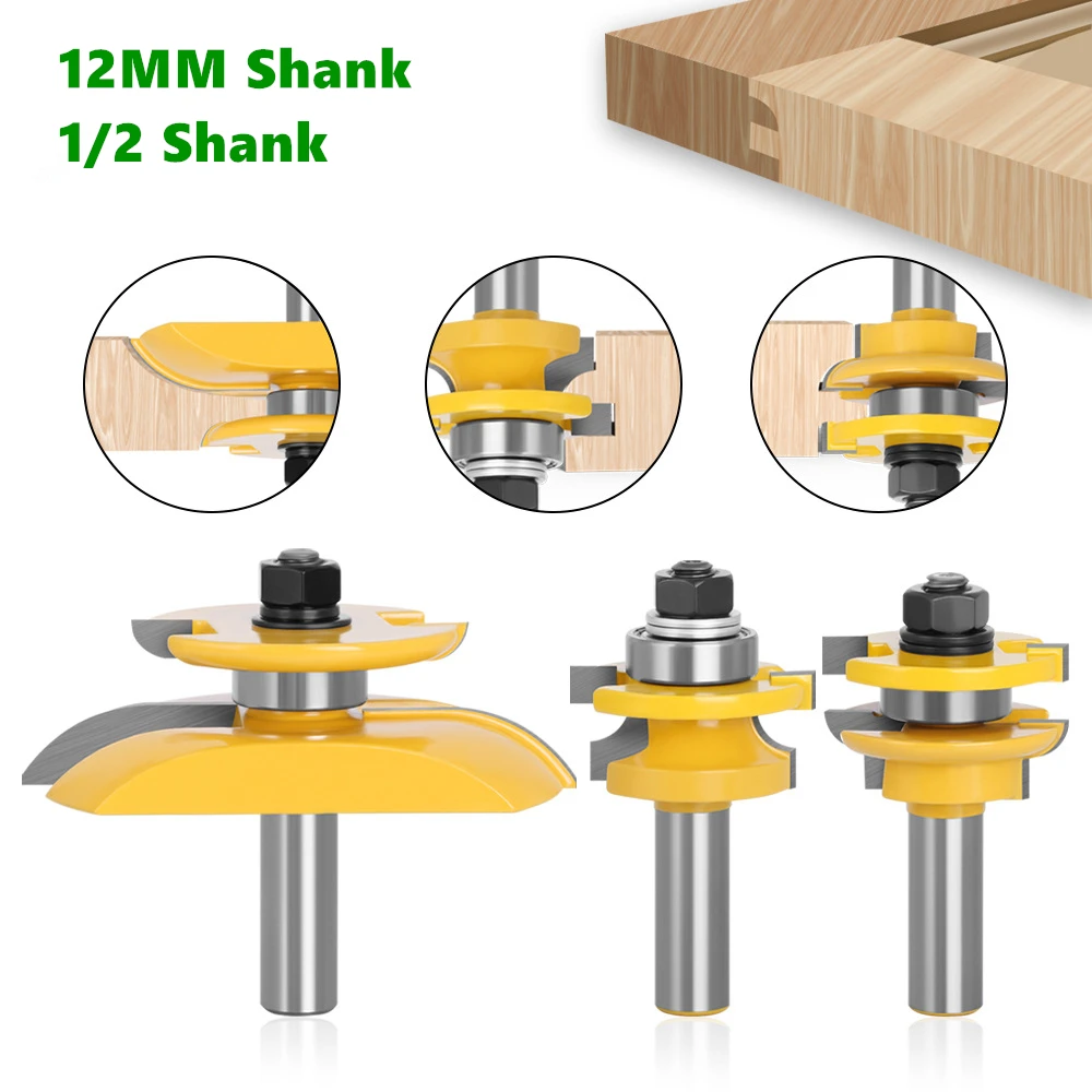 LAVIE 3pcs 12mm 1/2" Shank Round Over Rail & Stile Cove Panel Raiser