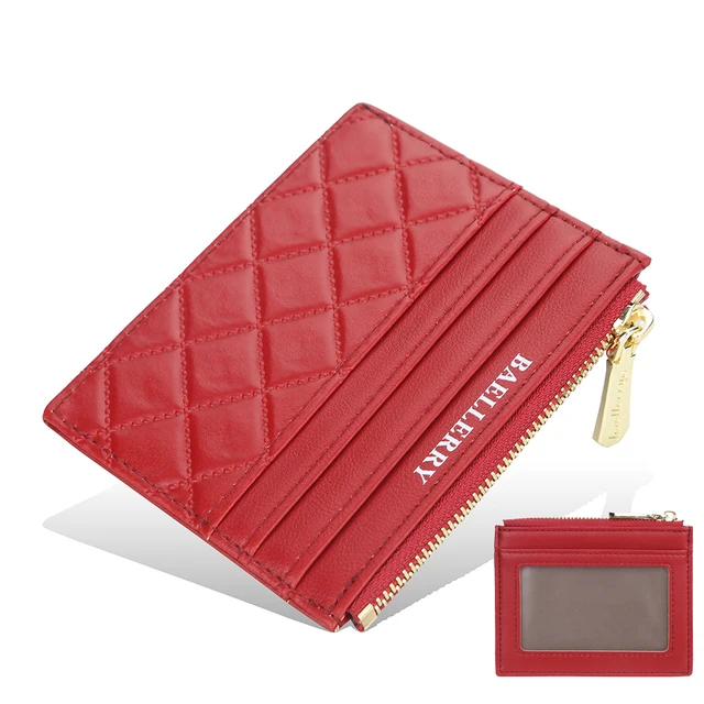 Women Small Wallet Credit Multi-Card Holder Package Fashion PU Function Zipper Ultra-Thin Organizer Case Student Lady Coin Purse Wine Red