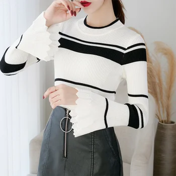

Autumn Winter Women Sweaters Korea knit Bottoming Jumper Sweater Casual Flare Sleeve stripe Slim Warm knitted Sweater Top