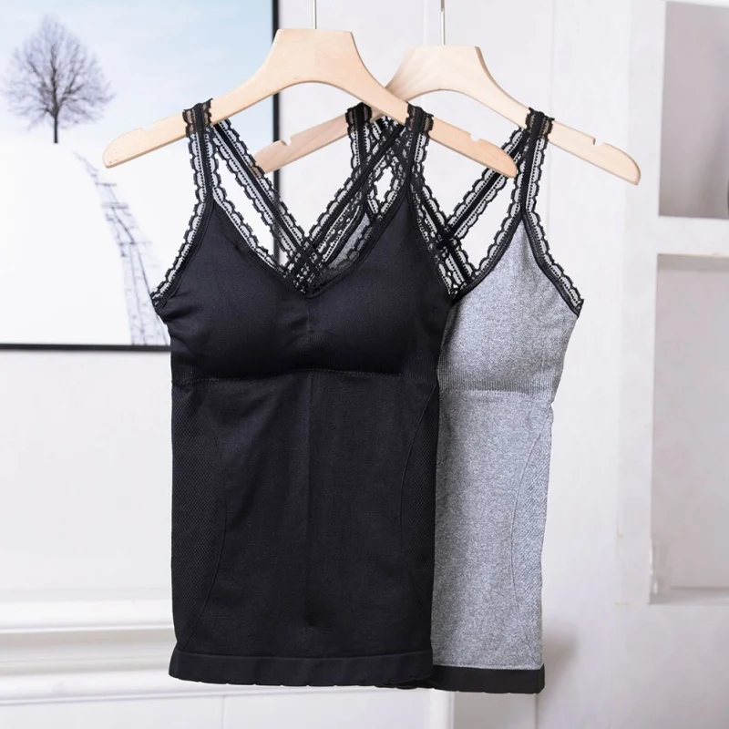 New Padded Bralette Tank Top Women Cotton Lace Sexy Cami Top Vest Casual V-neck Female Camisole