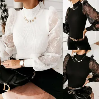 

Mesh Solid Color Women Fashion Plain Color Long Puff Sleeve Pullover Sweater Loose Jumper Ribbed PUllover Sweater