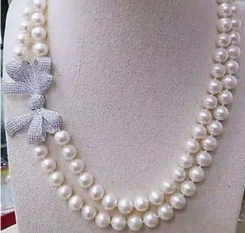 

Free shipping classic double strands 8-9mm south sea white round pearl necklace 18-19"