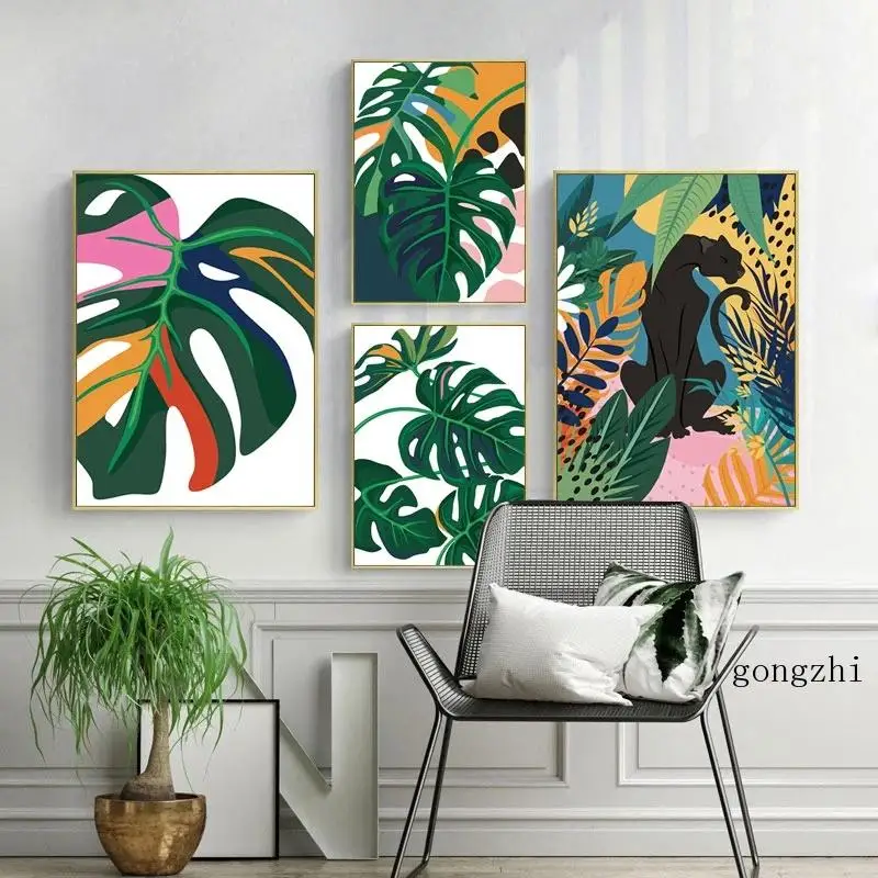

Animals Flamingo Leopard Jungle Nordic Posters Monstera Leaf Canvas Painting and Prints Wall Art Pictures Living Room Home Decor