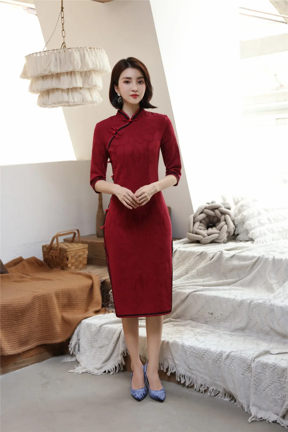 Шанхай история Половина рукава по колено cheongsam платье хлопок лен Винтаж Ципао китайское платье китайский стиль платье для женщин