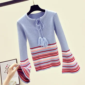 

Lucyever Fashion Striped Women Pullover Sweater Autumn Flare Long Sleeve Slim Knit Jumper Top Tassel Bowknot Girls Blouse 2020