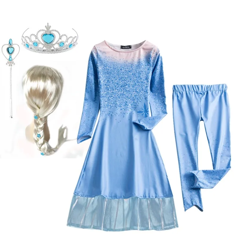 Платье принцессы Анны для девочек Рождественские вечерние платья Эльзы Снежной Королевы для костюмированной вечеринки 2 предмета, платье с длинными рукавами и леггинсы костюм на Хэллоуин