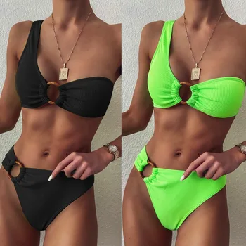 

Sexy Solid Color Swimsuit Female One Shoulder Bikini Set 2020 Bandage Swimwear Women Summer Bikini Simple Bathing Suit New