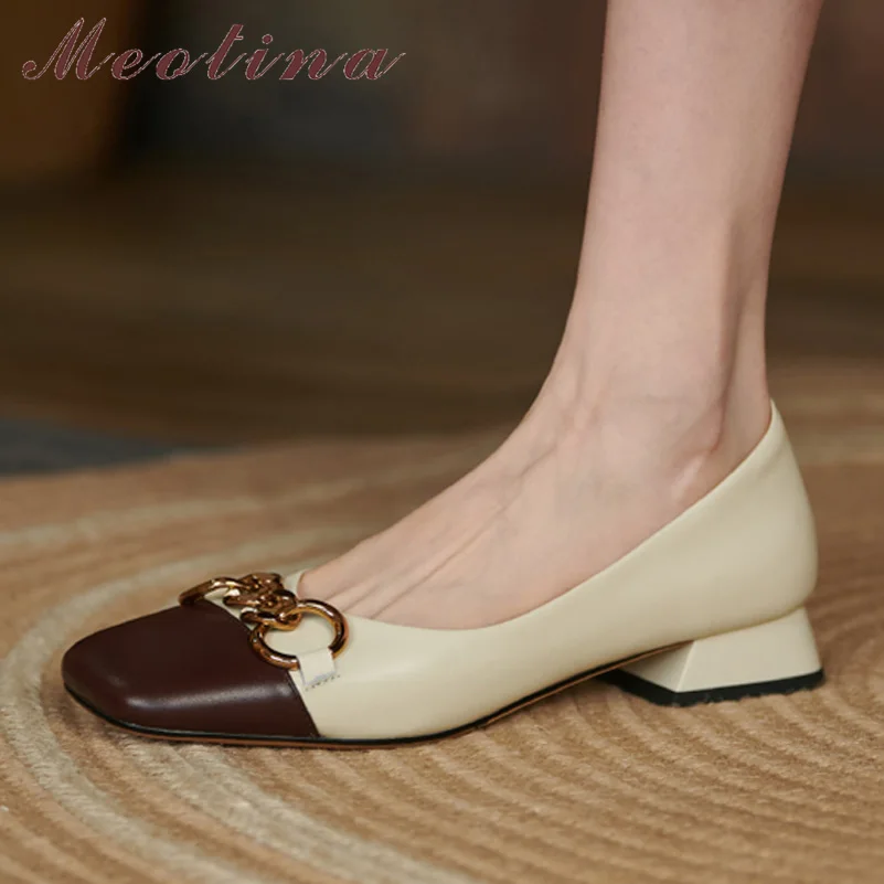 

Женские туфли из натуральной кожи Meotina, туфли-лодочки на толстом каблуке, с цепочкой и квадратным носком, весенне-Осенняя обувь на среднем каблуке, коричневого и черного цвета