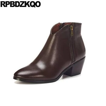 

block ankle winter side zip boots genuine leather fall chunky booties pointed toe autumn fur brand 2019 brown size 4 shoes women
