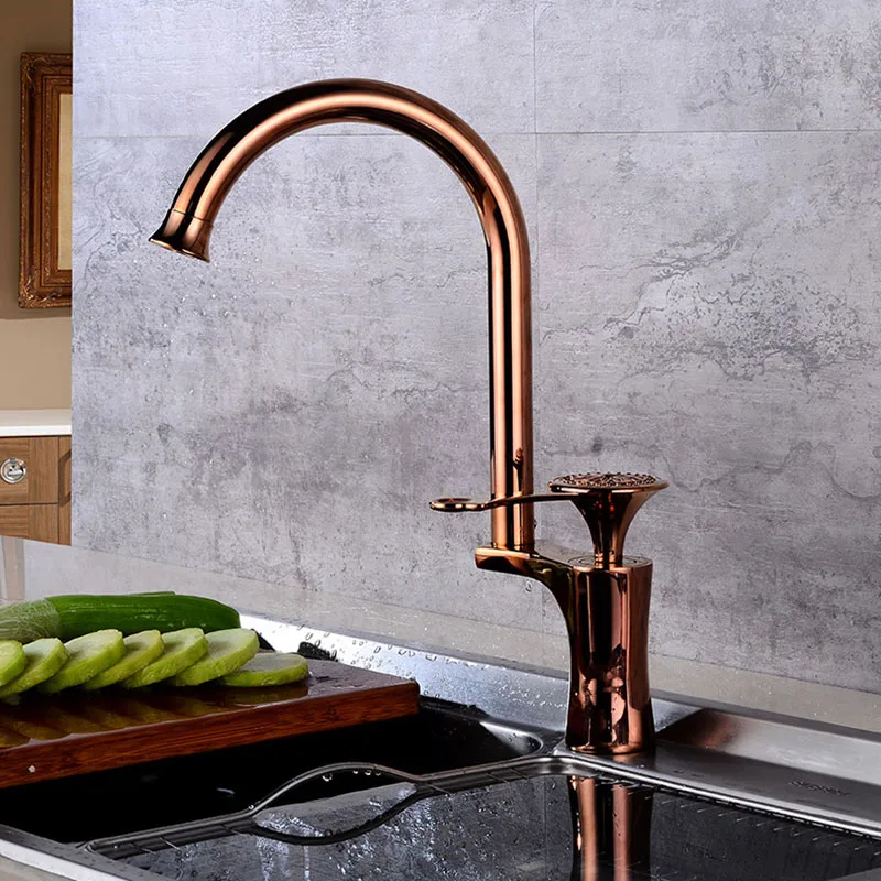 Rose gold Современный медный кухонный кран, кран для холодной и горячей воды с одной ручкой, черный/белый/золотой/розовое золото, кухонный кран для раковины - Цвет: Rose gold