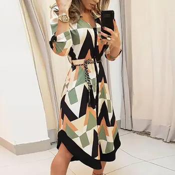 

Geometric Casual Stright New Dress Women's Long Shirt Dress Wave Print Long Sleeve Casual Holiday Ladies Dress Hot 2020