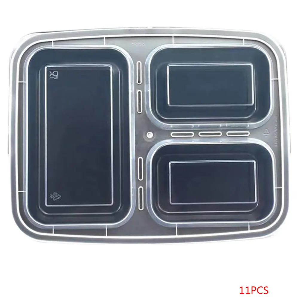 

Cool Reusable 11Pcs/pack Prep Meal Luch Box Black Food Storage Containers 3 Compartment Microwavable Safe Lunch Boxes Hot Sell