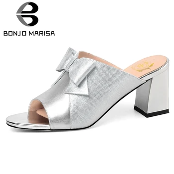

BONJOMARISA Summer Fashion Ol Genuine Leather Elegant butterfly-knot Mules Women slip-on High Heels Dress Shoes Woman