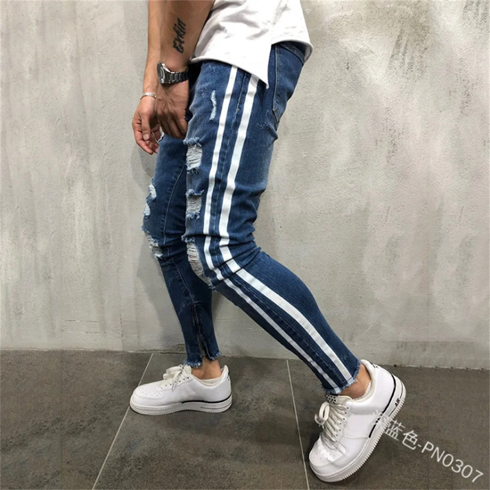 EH·MD® Side Double Striped Jeans Men's Hole Zipper Calf Trousers Slim Four-color Cotton Slim Skinny Breathable Comfortable 2020