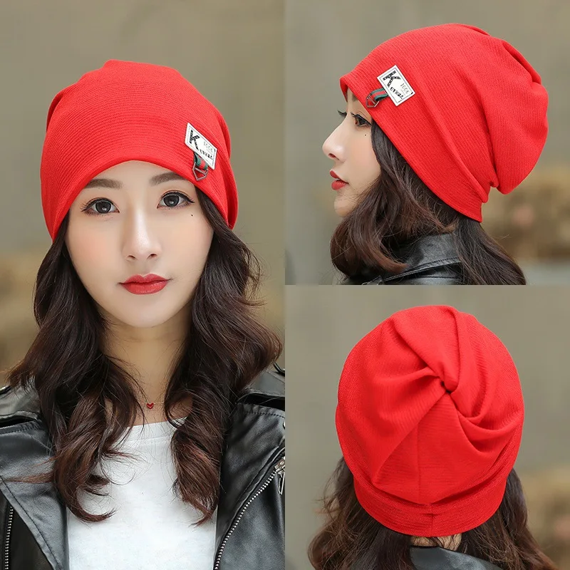 

Hat Women's Casual Lettered Leather Standard Set of Head Cap Thin Knitted Confinement Cap Spring And Autumn Warm Toque dui mao
