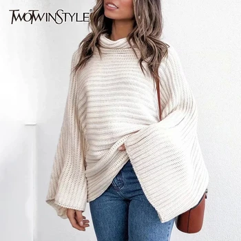 

TWOTWINSTYLE Loose Knitting Sweater Sweaters For Women Turtleneck Flare Long Sleeve Striped Sweater Female Fashion Clothing Tide