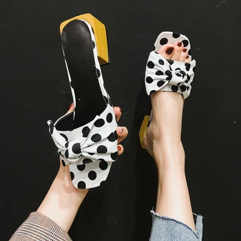 

Fashion NEW Women Heels Slides Mules Bow Square Head Peep Toe High Heel Slippers Summer Casual Vacation Beach Slippers Woman