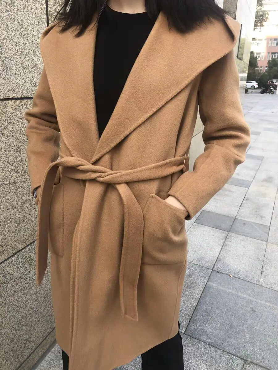 Ручная работа двустороннее шерстяное пальто женское зимнее повседневное с капюшоном с поясом длинное роскошное шерстяное пальто для женщин