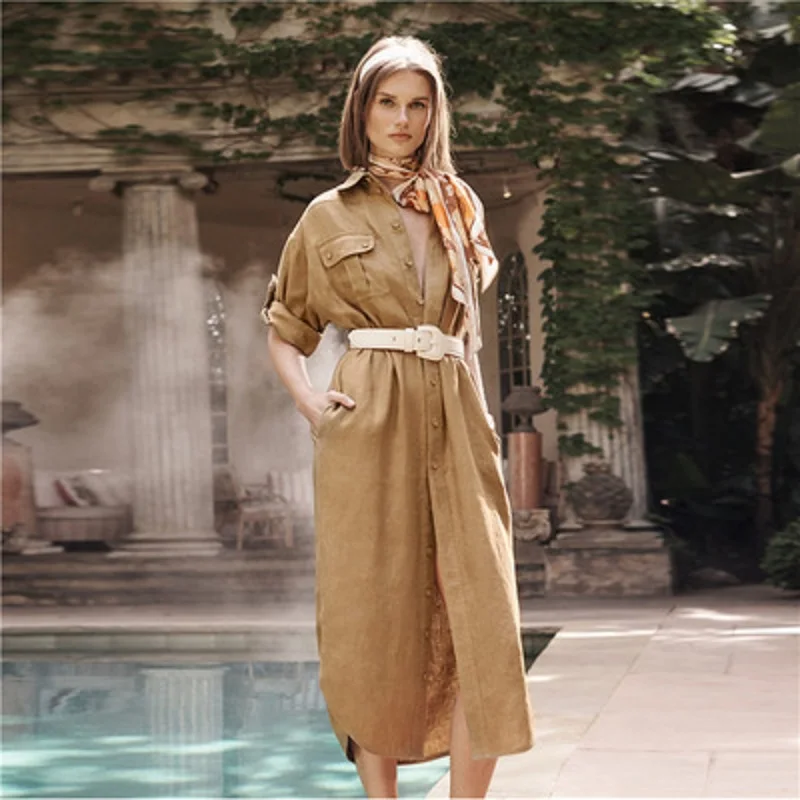 

Brand Fashion Single Breasted Turn-down Collar Pokets Maxi Dress Long Sleeve Khaki Color Irregual Dress 2019 Autumn Clothes