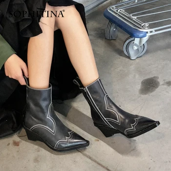 

SOPHITINA Women's Boots New Winter Pointed Toe High Heel Wedges Handmade Leather Ladies Ankle Boots Fashion Shoes Women SO562