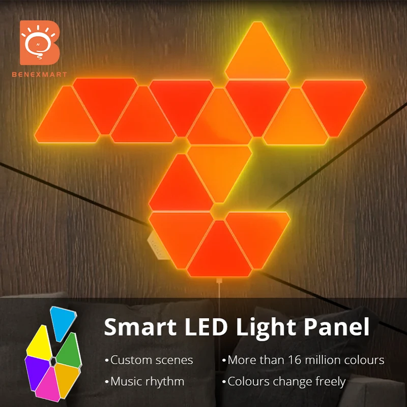 Benexmart DIY LED Triangle Panel Light 9PCS Tuya Smart WiFi RGB Wall Decor  Lamp Music Sync Alexa Google Home Voice