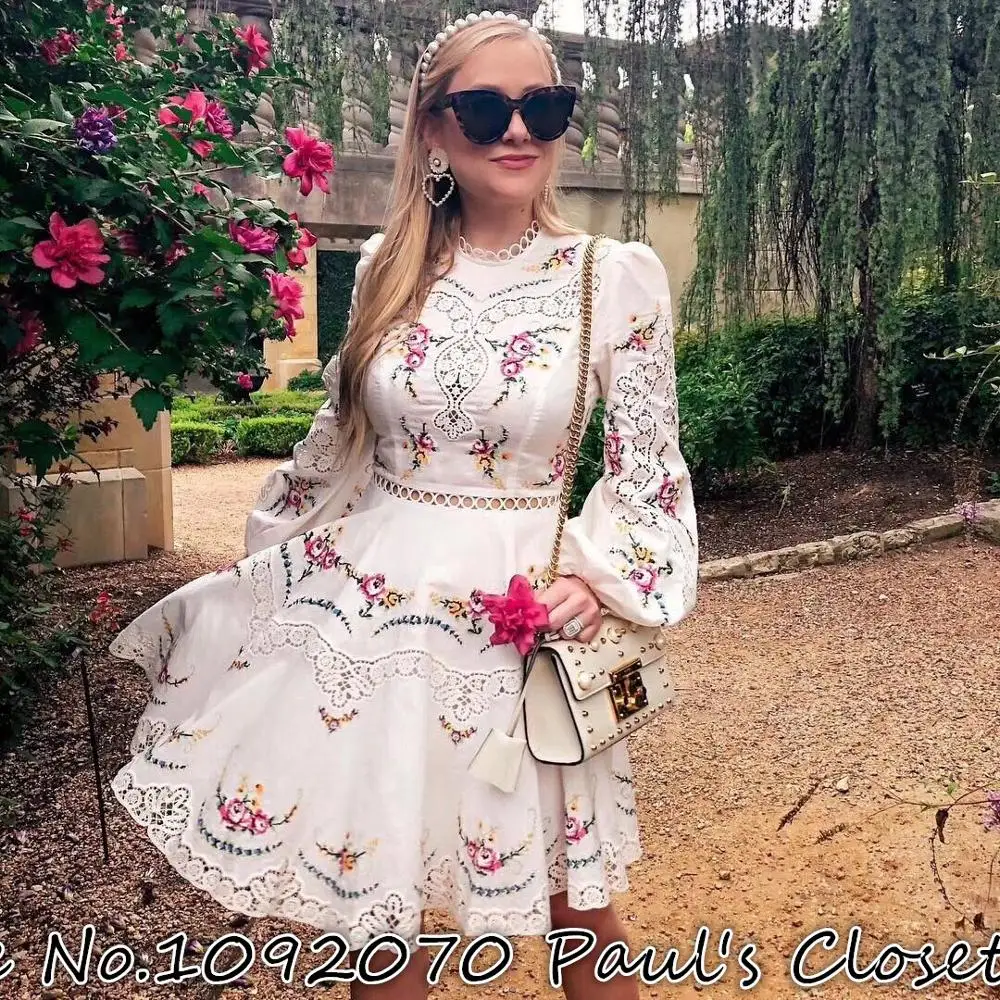 

Women Blouson Sleeves Placement Embroidered Cross Stitch Short Dress Ivory Linen Mini Dress