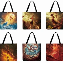 Китайская классическая культура, сумка-тоут с принтом, Ne Zha, льняная, Febric, повседневная тоут, женская сумка через плечо, складная сумка для покупок, многоразовая сумка