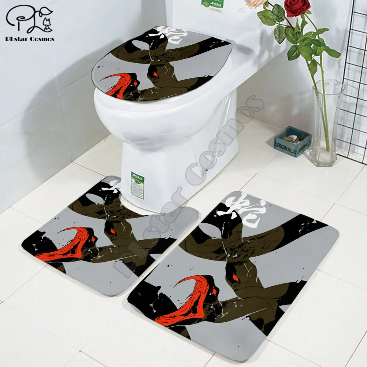 

Cartoon funny snake 3D printed Bathroom Pedestal Rug Lid Toilet Cover Bath Mat Set drop shipping style-3