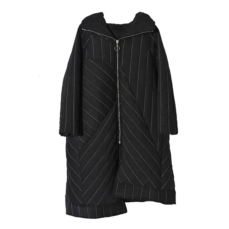 [EAM] ассиметричное пальто с капюшоном большого размера с хлопковой подкладкой, с длинным рукавом, свободный крой, женские парки, модная новинка, Осень-зима, 1H2540 - Цвет: Black