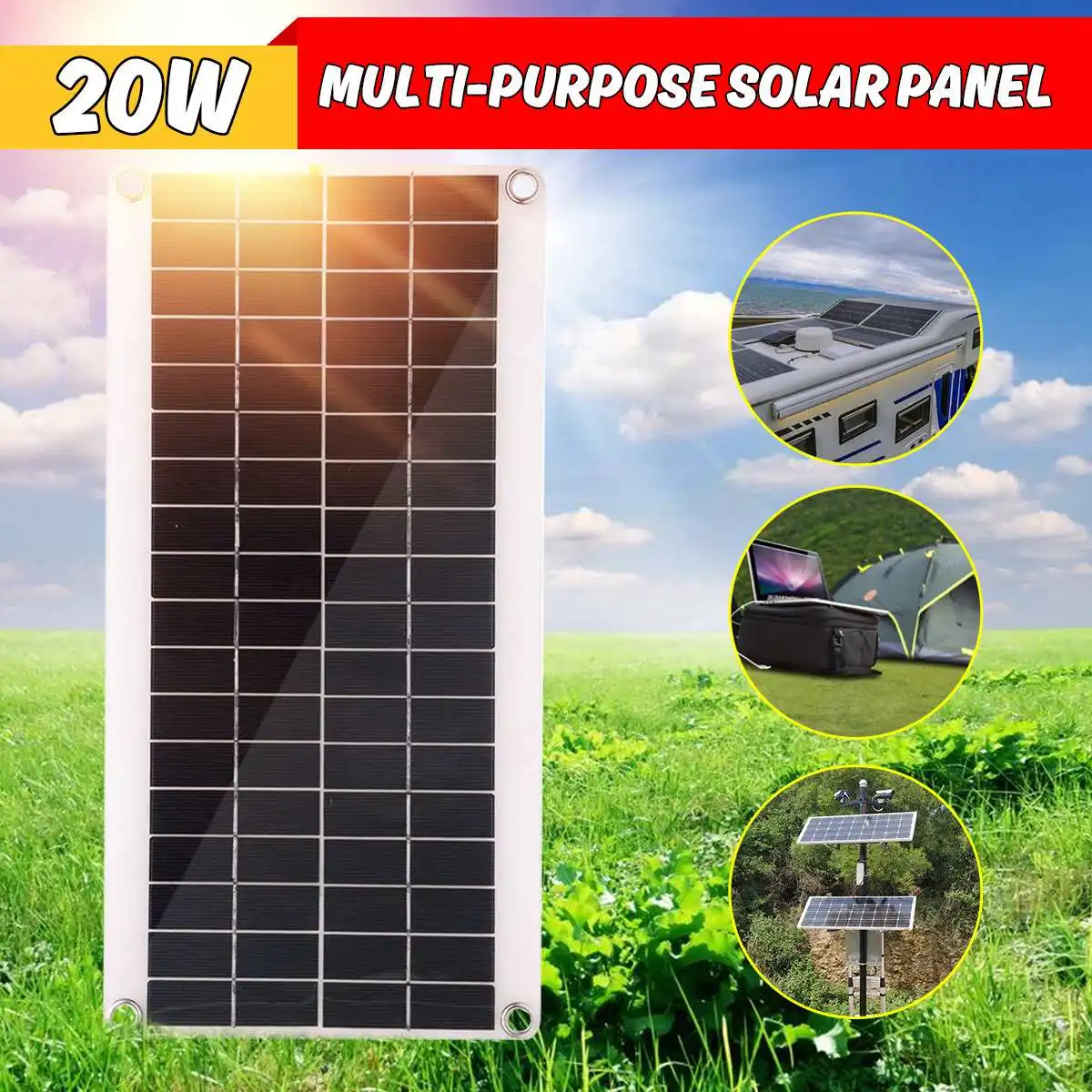 

20W 18V Waterproof Flexible Solar Panel with Car Charger USB 5V Solar Controller for Outdoor Camping LED Light Polysilicon Cells