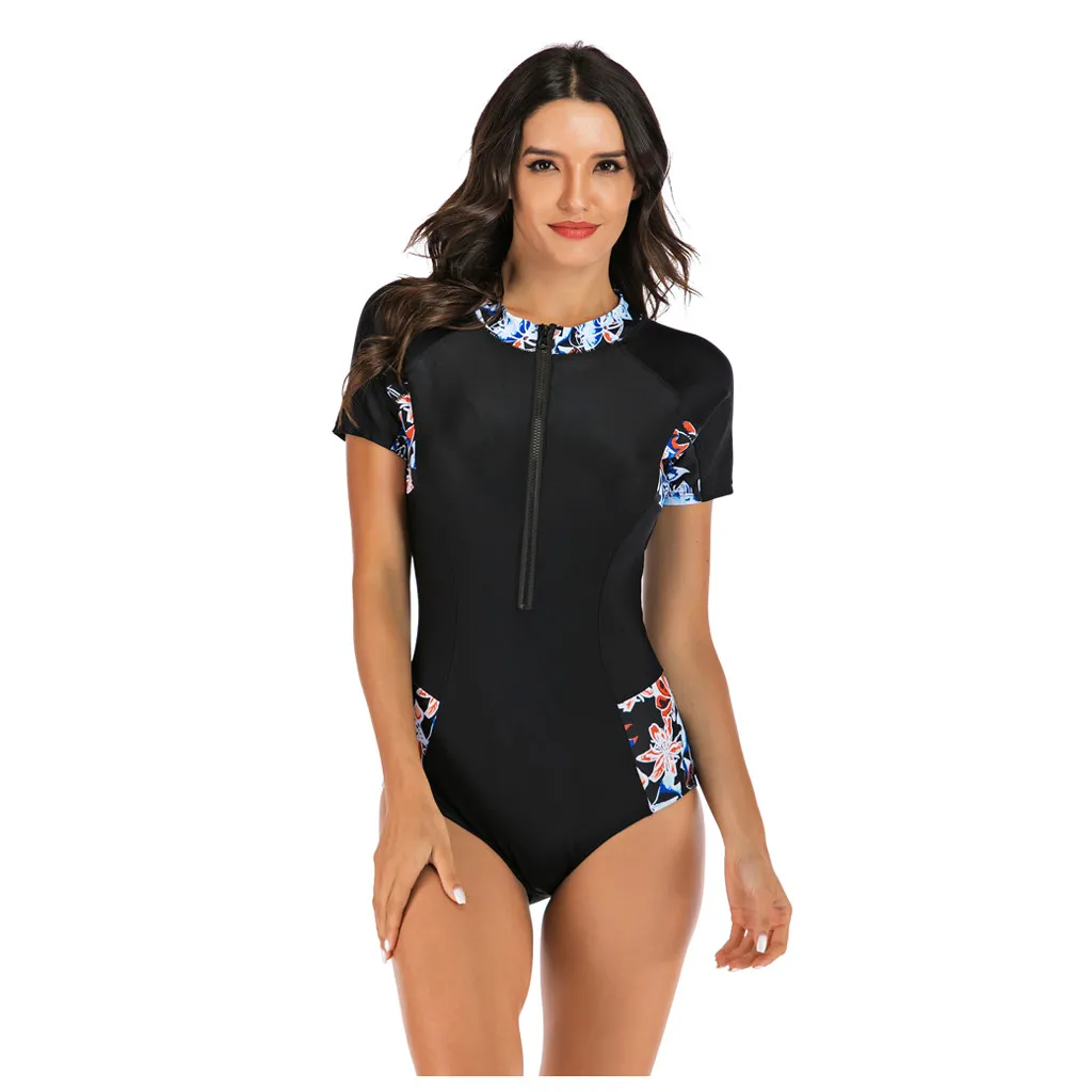Short Sleeve Women Floral Print Swimwear Zipper 2020 New One Piece Swimsuit High Neck Surf Suit Black Dive Bodysuit Beachwear |