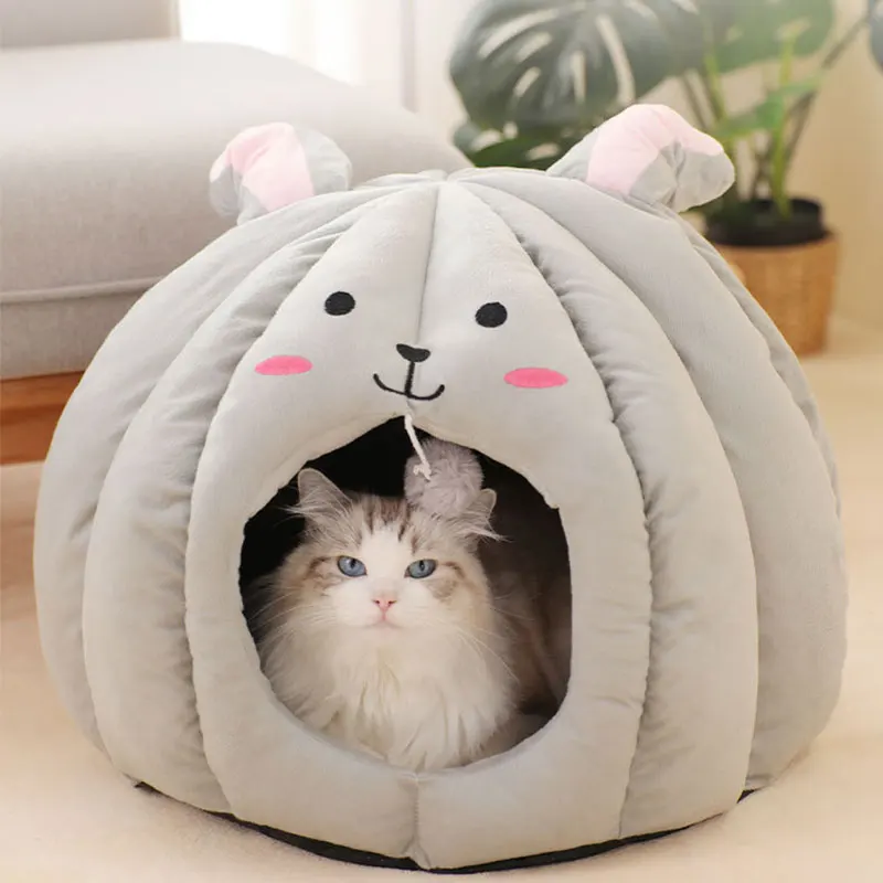 Adorable Animal Face Cat Bed Detachable Rabbit Bear Dog House Small Pet Bedding Nest with Ball Anti-Skidding Cat Accessories