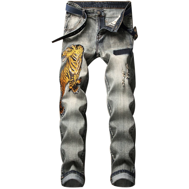 

Men Embroidery tiger Slim Jeans man Retro Europeans Style Washedstone Scratched Personal Male Quality Street Club Amazing Jean