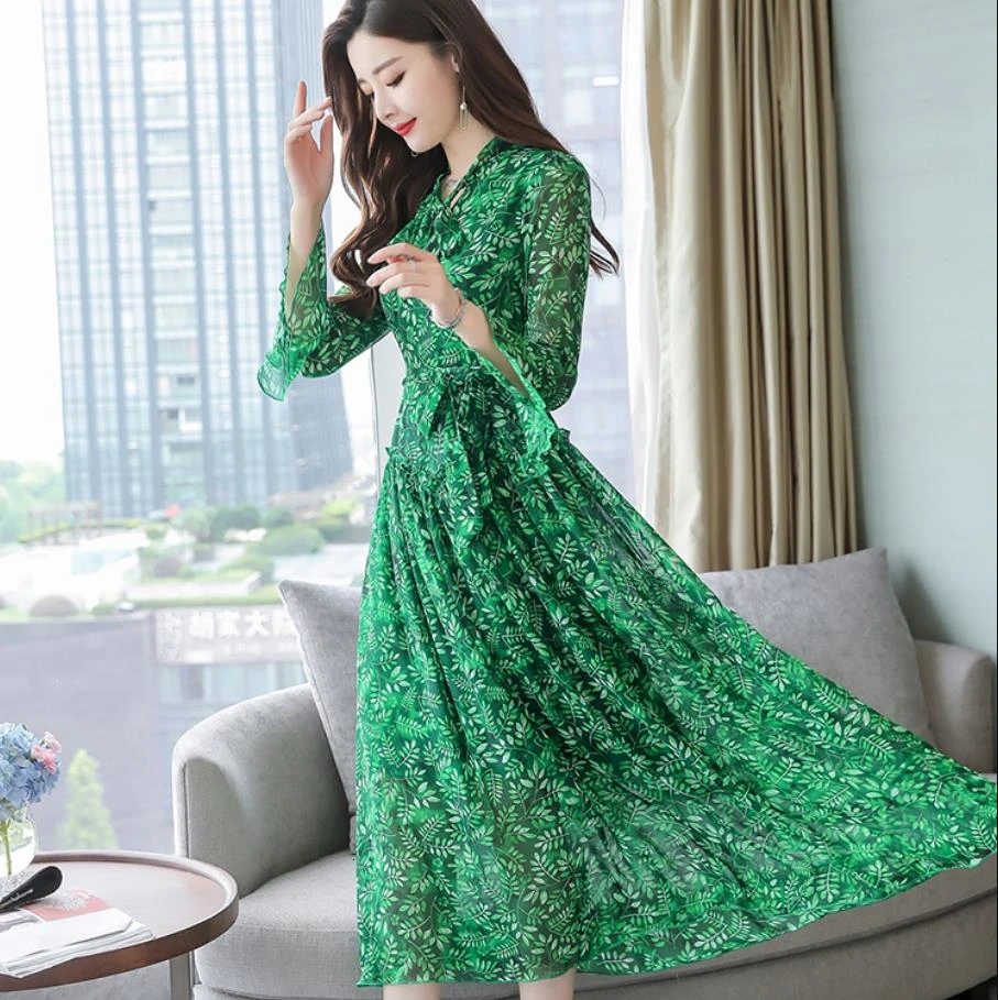 

2019 New Early Autumn Female Chiffon Dress Butterfly Tie Long Sleeve Temperament Printed V-neck Women Summer Dresses