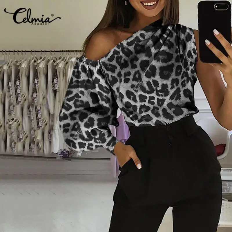 2022 Celmia Fashion Women Leopard Print Blouse Casual One Shoulder Tunic Tops Long Sleeve Loose Shirt Elegant Blusas | Женская одежда