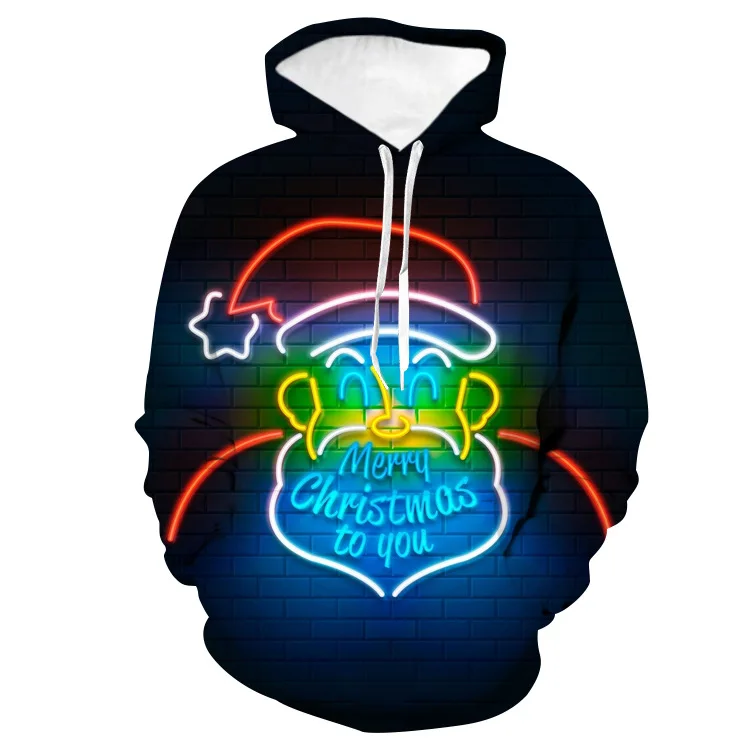 

Unisex Luminescent Santa Claus Christmas 3D Digital Print Loose Hooded Sweater Pullover Women Men New Year Sweatshirt Hoodie