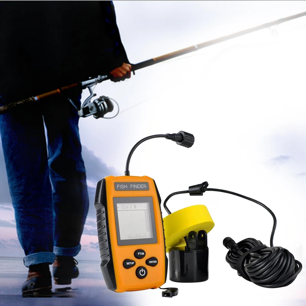 Portable Fish Finder, Water Depth & Temperature Fishfinder with Wired Sonar Sensor Transducer and LCD Display