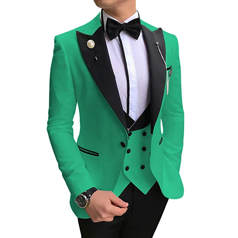 Темный цвет Aesido Повседневное Для мужчин костюмы Slim Fit 3 предмета лацкан с тупым углом; Выходные туфли на выпускной смокинги для женихов Для мужчин для свадьбы(пиджак+ жилет+ брюки - Цвет: Green
