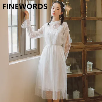 

FINEWORDS Vintage Sweet Lace Dress Elegant Party White Dress O Neck Knee Lenght Kawaii Lolita Dresses Long Sleeve Vestido Mujer