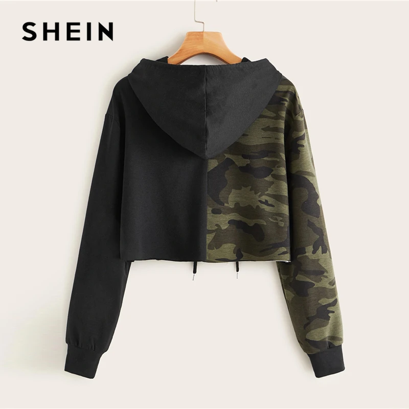  SHEIN Two Tone Camo Panel Hoodie Crop Sweatshirt Women Pullover Autumn Cut and Sew Drawstring Sport